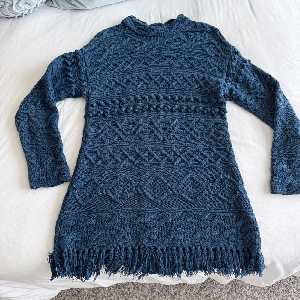 Vintage Blue Knit Sweater Dress with Fringe